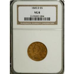 1845-D $5 VG8 NGC. Variety 12-I. Deep orange patina is