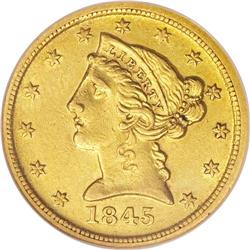 1845-D $5 AU58 NGC. Variety 12-I. This sharply struck