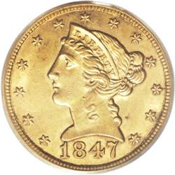 1847 $5 MS63 PCGS. Several letters of LIBERTY show min