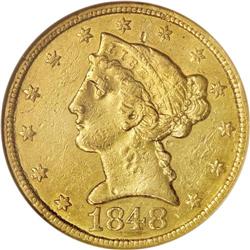 1848-C $5 AU55 NGC. Variety 11-E. The mintage of this
