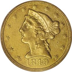 1849-C $5 XF45 PCGS. Variety 12-F, Die State I. On var