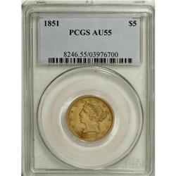 1851 $5 AU55 PCGS. This partly lustrous piece is green
