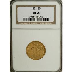 1851 $5 AU58 NGC. Moderate light abrasions are seen on