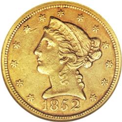 1852-C $5 AU53 NGC. Variety 19-H with the date set fur