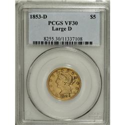 1853-D $5 Large D VF30 PCGS. Variety 29-U. Moderately