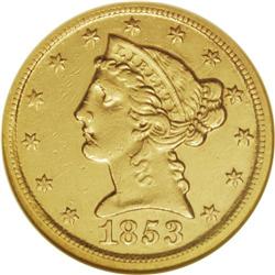 1853-D $5 Large D--Cleaned--ANACS. AU53 Details. Varie