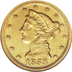 1853-D $5 Large D--Cleaned--ANACS. AU55 Details. Varie