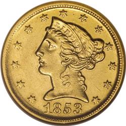 1853-D $5 Large D--Cleaned--ANACS. AU55 Details. Varie