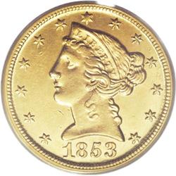 1853-D $5 Large D AU58 PCGS. Variety 29-T. The design