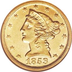 1853-D $5 Large D MS61 NGC. Variety 29-T. At least fou