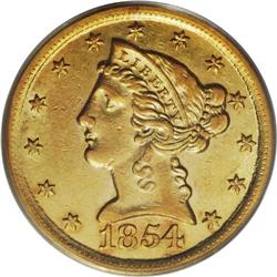 1854-D $5 Large D AU50 PCGS. Variety 30-W. Although th