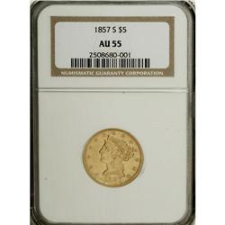 1857-S $5 AU55 NGC. This early San Francisco product h