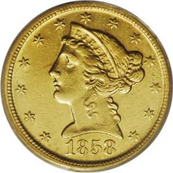 1858-D $5 AU55 PCGS. Variety 35-CC. An issue from late
