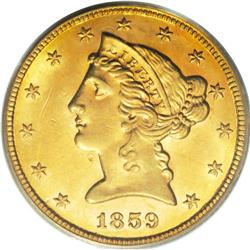 1859 $5 MS62 PCGS. Ex: H.W. Bass, Jr. Collection. A we