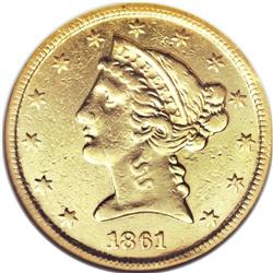 1861-C $5 --Ex-Jewelry, Cleaned--ANACS. XF45 Details. V