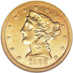 1868-S $5 AU55 NGC. The need for coinage in the channe