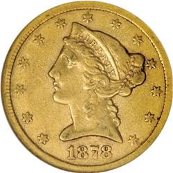 1878-CC $5 XF40 NGC. Subdued orange-gold color is evid