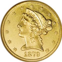 1879-CC $5 AU58 NGC. A bright straw-gold example with