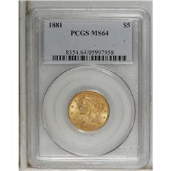 1881 $5 MS64 PCGS. Well-defined with lovely peach-oran