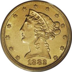 1882-CC $5 AU58 PCGS. This high-end About Uncirculated