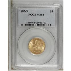 1882-S $5 MS64 PCGS. Broad shelf doubling occurs on th