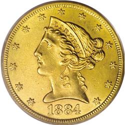 1884-CC $5 AU58 PCGS. Variety 1-A.This peach-gold coin