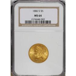 1886-S $5 MS64 NGC. This impressive half eagle possess