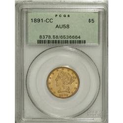 1891-CC $5 AU58 PCGS. A luminous orange-yellow example