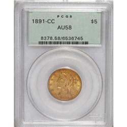 1891-CC $5 AU58 PCGS. Boldly struck with nearly full l