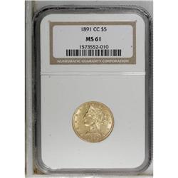 1891-CC $5 MS61 NGC. A boldly struck Carson City type