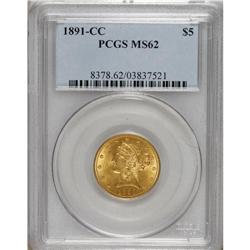 1891-CC $5 MS62 PCGS. This is lovely lime-gold piece t