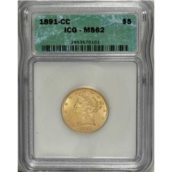 1891-CC $5 MS62 ICG. This example is typically bagmark