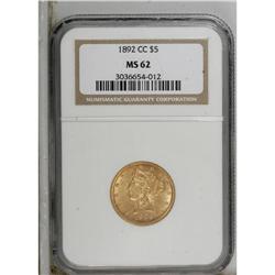 1892-CC $5 MS62 NGC. Well struck and lustrous, with pl