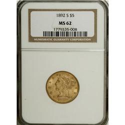 1892-S $5 MS62 NGC. Pervasive bright luster sweeps acr