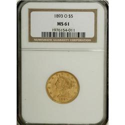 1893-O $5 MS61 NGC. Light green-gold color and proofli