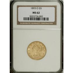 1893-O $5 MS62 NGC. A lustrous and evenly struck repre