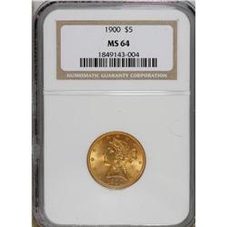 1900 $5 MS64 NGC. A distinctly fine-grain texture is n