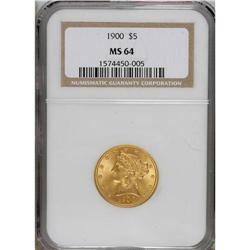 1900 $5 MS64 NGC. This smooth near-Gem is boldly struc