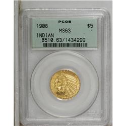 1908 $5 MS63 PCGS. A luminous and exactingly struck Se