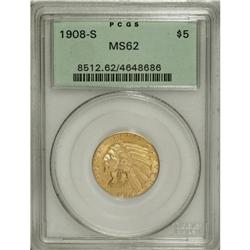 1908-S $5 MS62 PCGS. A well struck apricot-gold exampl