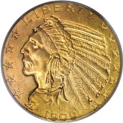 1909 $5 MS64 PCGS. This is a well-struck, peach-gold c