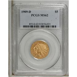 1909-D $5 MS62 PCGS. Pink-red hues fill the crevices o