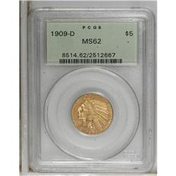 1909-D $5 MS62 PCGS. Well struck overall with pleasing