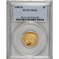 1909-D $5 MS63 PCGS. Bright luster exudes from straw-g