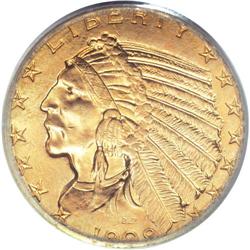 1909-D $5 MS64 PCGS. Rich apricot-gold and lime-green 