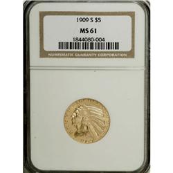 1909-S $5 MS61 NGC. A scarce S-mint five dollar Indian