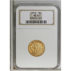 1913 $5 MS62 NGC. A solidly struck representative, lig