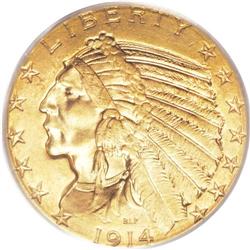 1914-D $5 MS64 PCGS. The shimmering khaki-gold fields