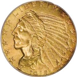 1915 $5 MS64 PCGS. Variegated copper-red and green-gol