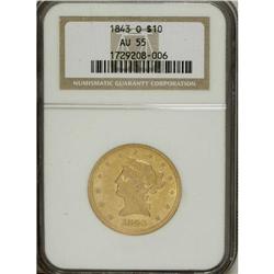 1843-O $10 AU55 NGC. Yellow-orange with modest reflect